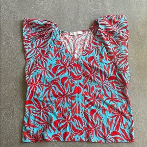 LOFT Vibrant Red and Blue Patterned Blouse
